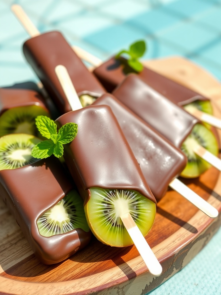 Refreshing Frozen Chocolate Covered Kiwi Pops Recipe Frozen chocolate covered kiwi pops on a platter, garnished with mint leaves.